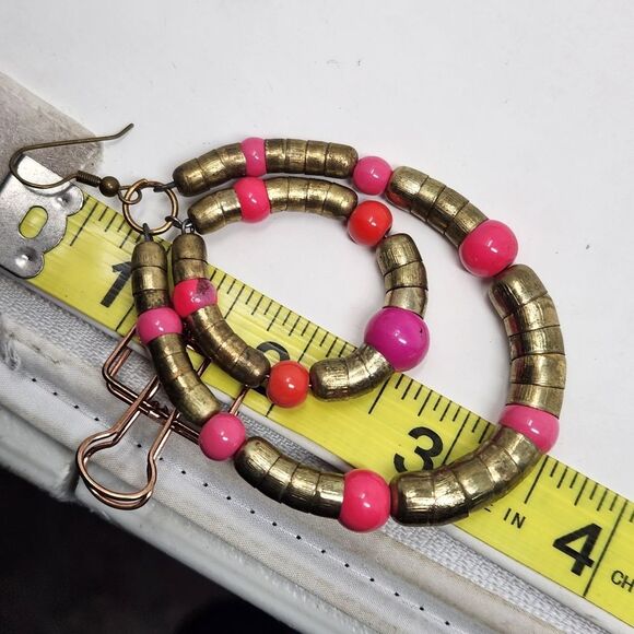 CHICOS Long Layered Geometric Chunky Necklace Pink Antique Gold Earrings Set - Picture 6 of 7